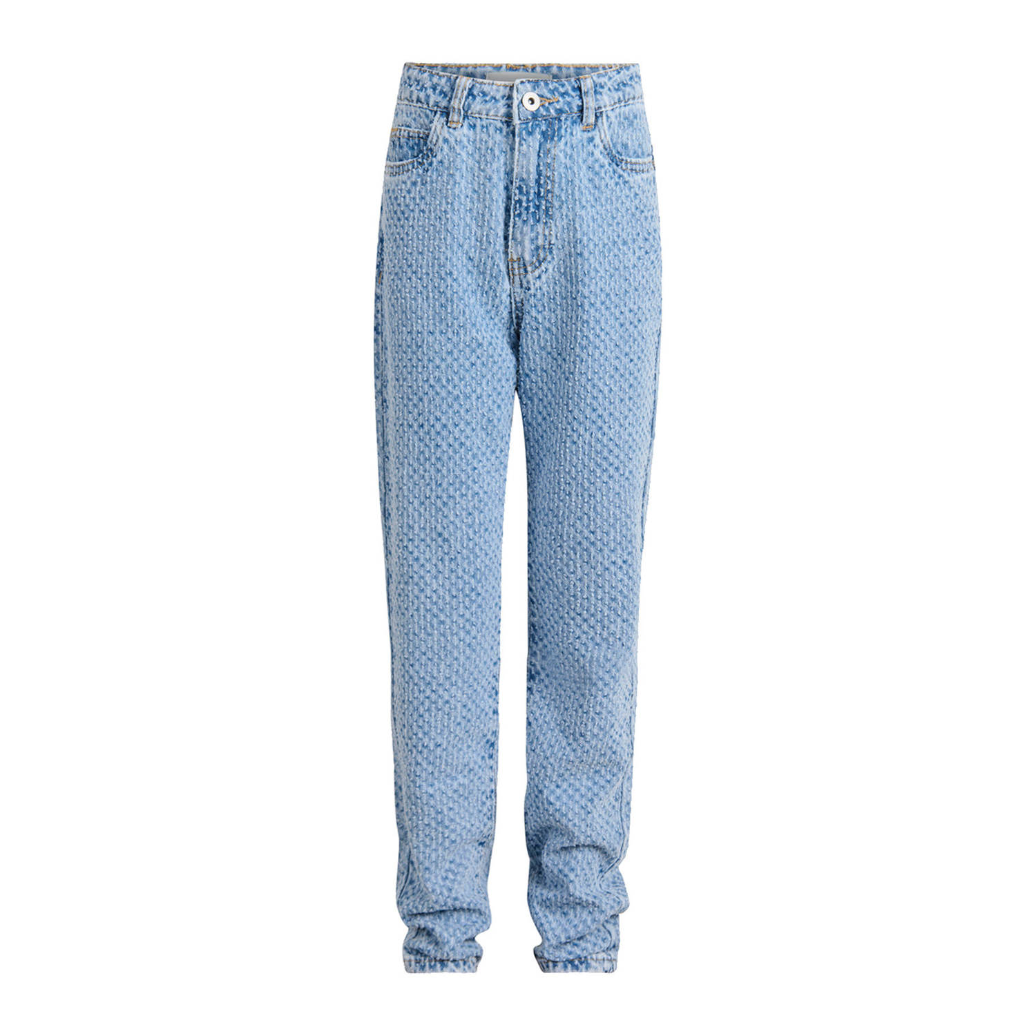 Shoeby high waist straight fit jeans met all over print light blue denim bleached