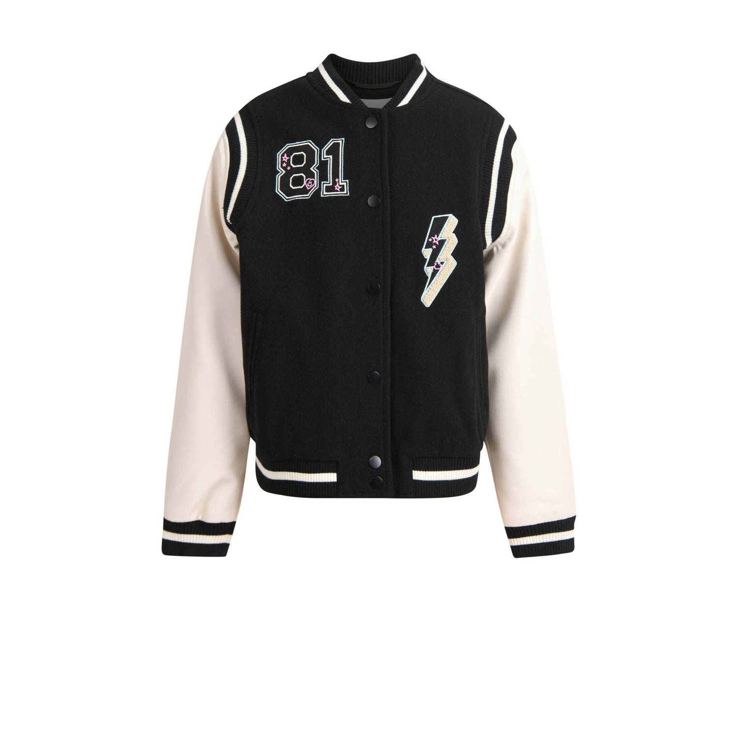 Shoeby baseball jacket zwart ecru Jas Meisjes Katoen Overslagkraag Backprint 110 116