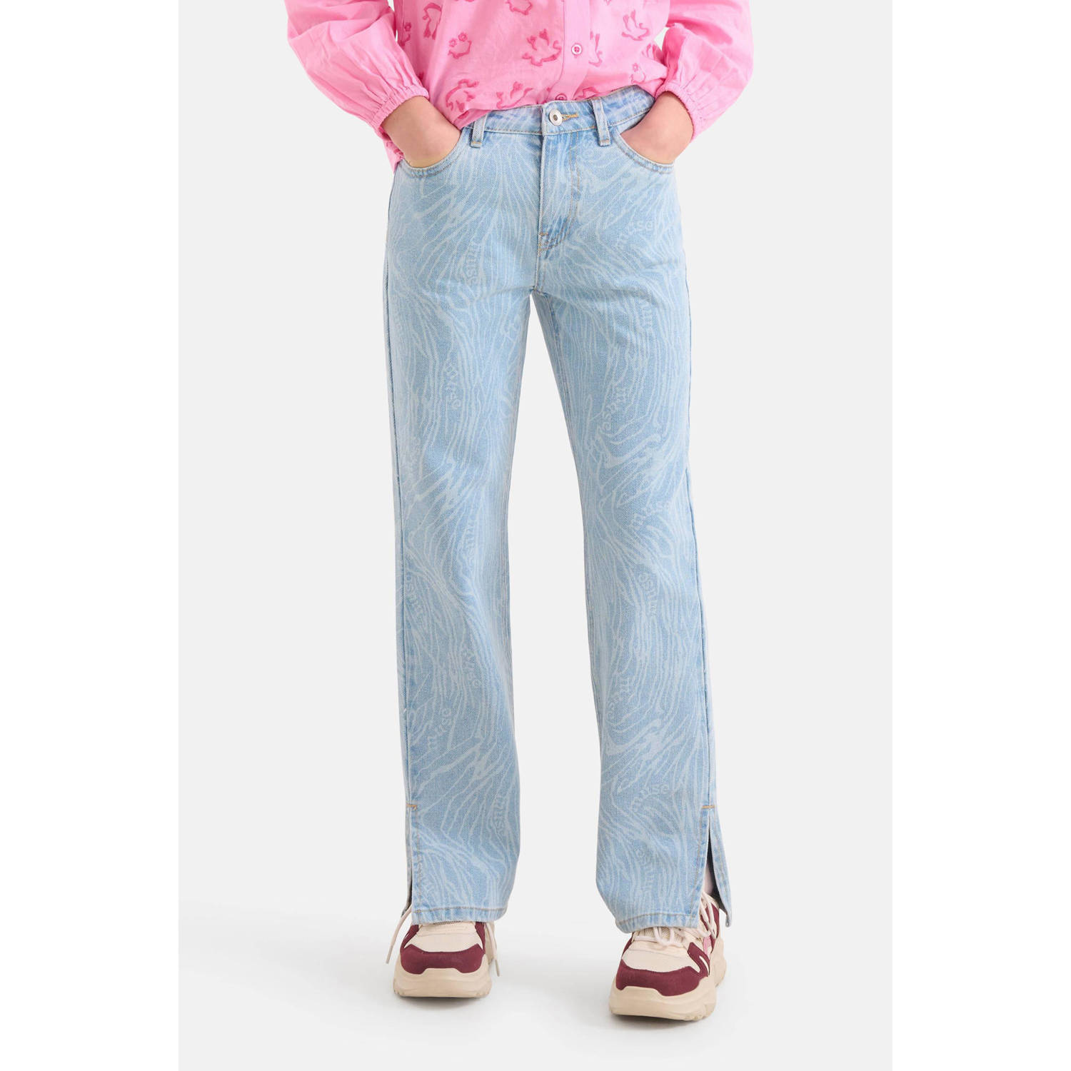 Shoeby loose fit jeans met all over print light blue denim bleached Blauw 116