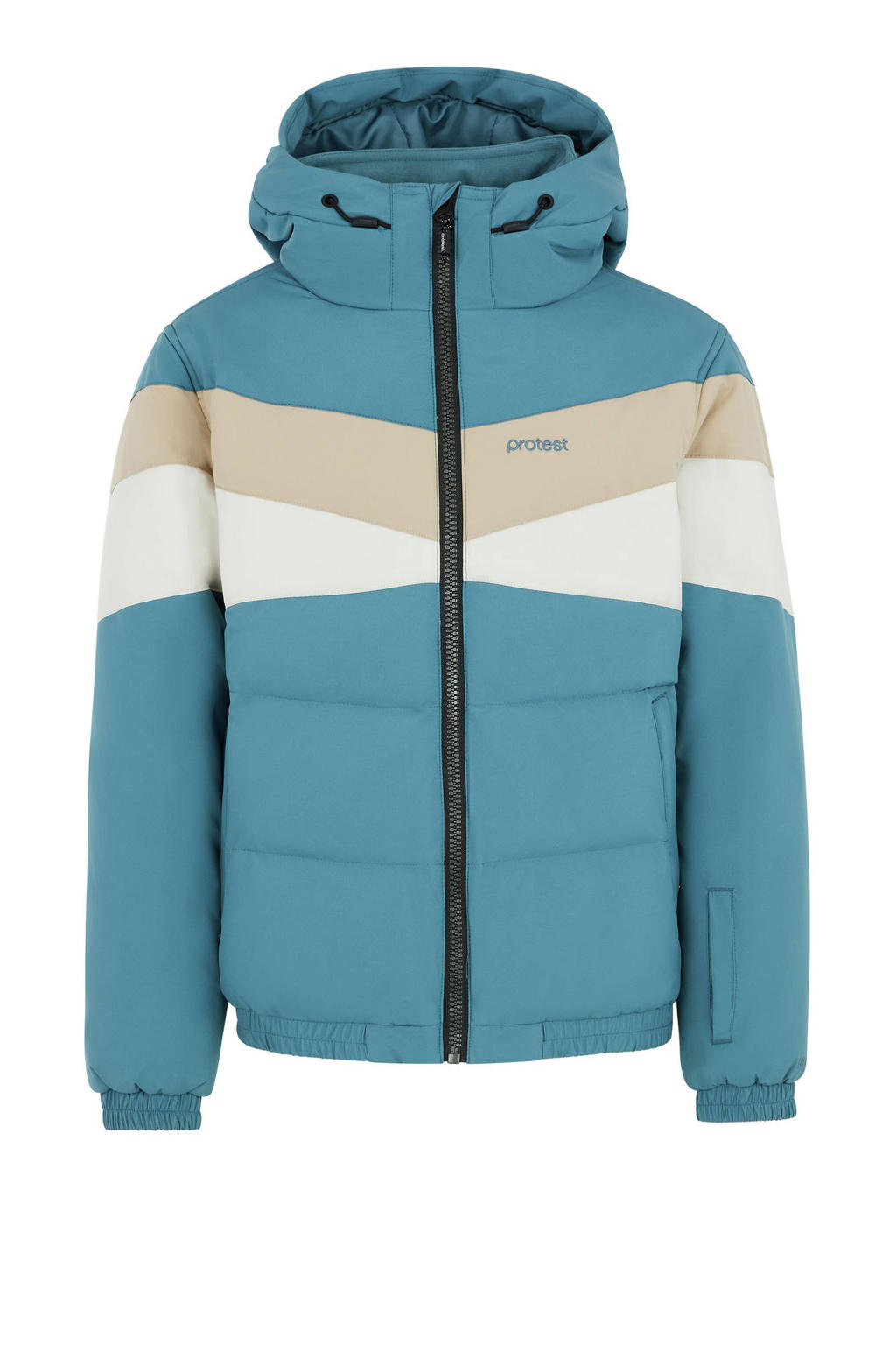 Blauwe meisjes Protest ski-jack PrtSiskin met meerkleurige print, capuchon en ritssluiting