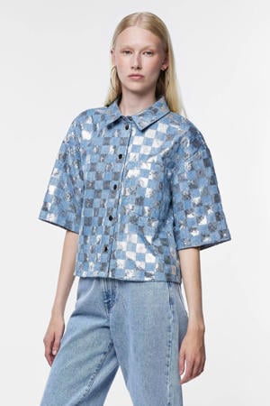 metallic blouse PCNELLIE met all over print blauw