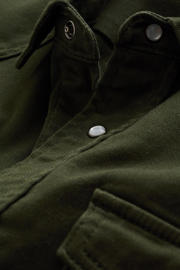 thumbnail: Olijfgroene heren WE Fashion Blue Ridge slim fit overhemd van stretchdenim met effen, lange mouwen, klassieke kraag en drukknoopsluiting