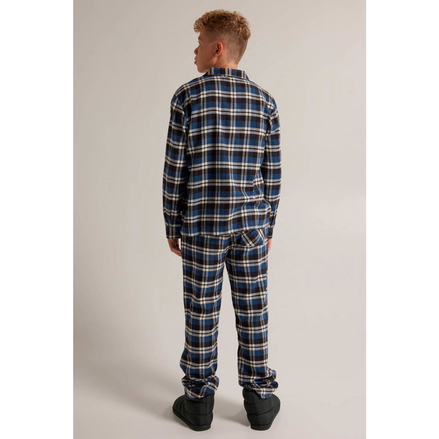 America Today geruite pyjamatop Nathan JR donkerblauw zwart wit