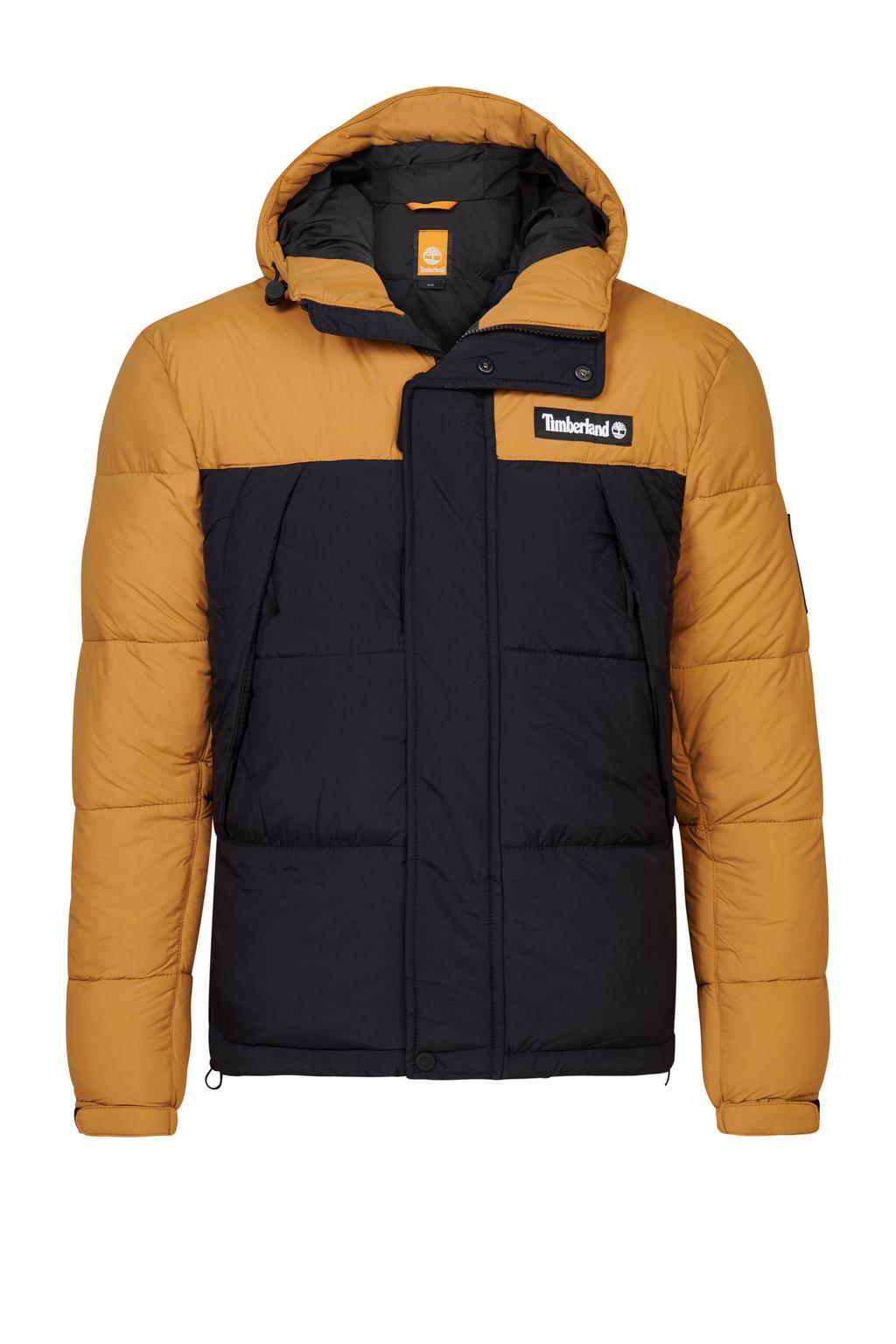 Multikleurige heren Timberland gewatteerde jas en patches van polyamide met logo dessin, lange mouwen, capuchon, rits- en klittenbandsluiting en elastische boord