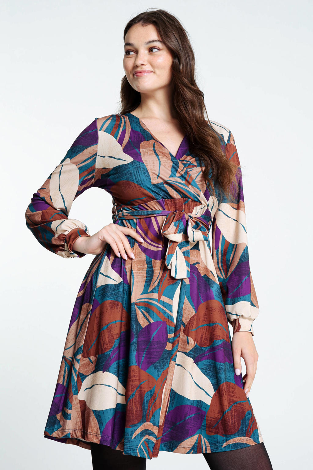 Elegante reversjurk met bladprint en lange mouwen main image 0