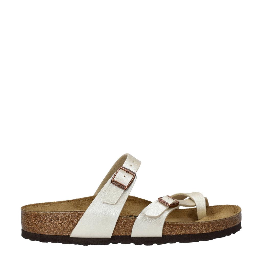 Ecru dames Birkenstock slippers van imitatieleer met gesp