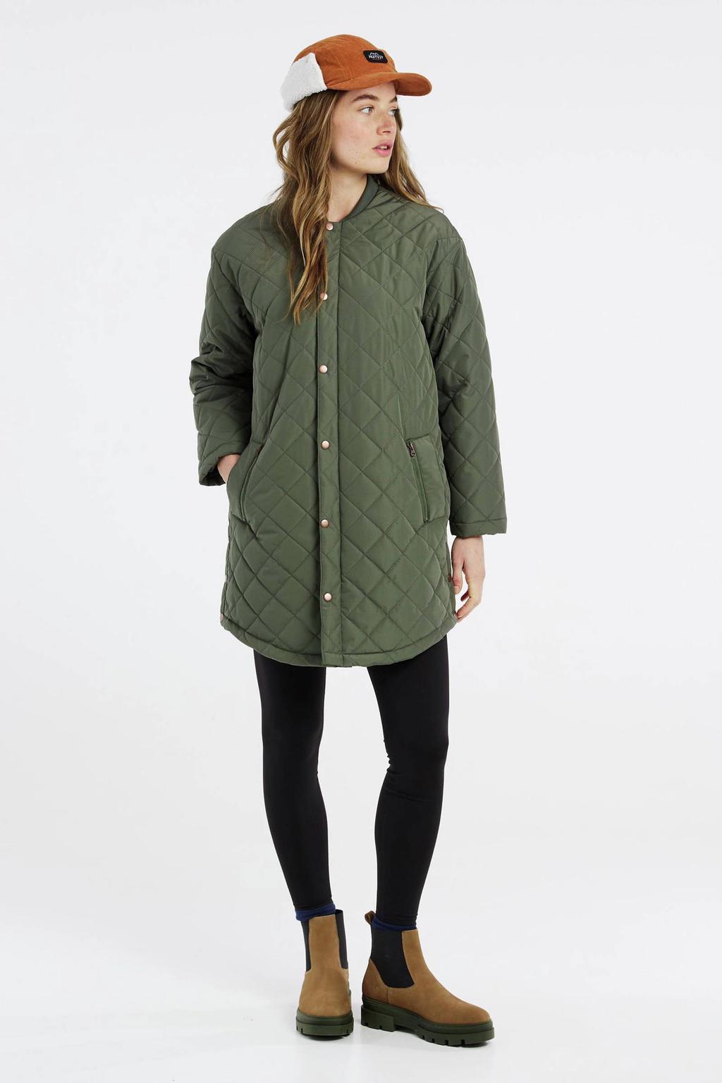 Groene dames Protest gewatteerde jas Orcus van polyester met effen, lange mouwen, opstaande kraag en drukknoopsluiting