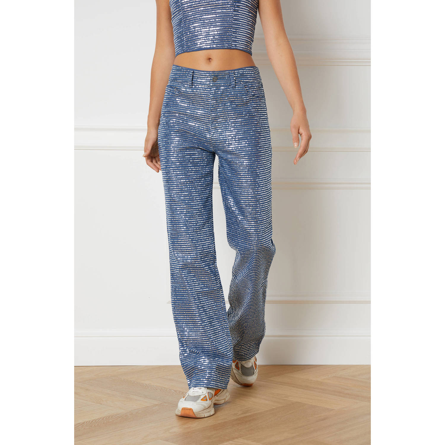 Refined Department metallic high waist straight fit broek Hannah met glitters lichtblauw zilver