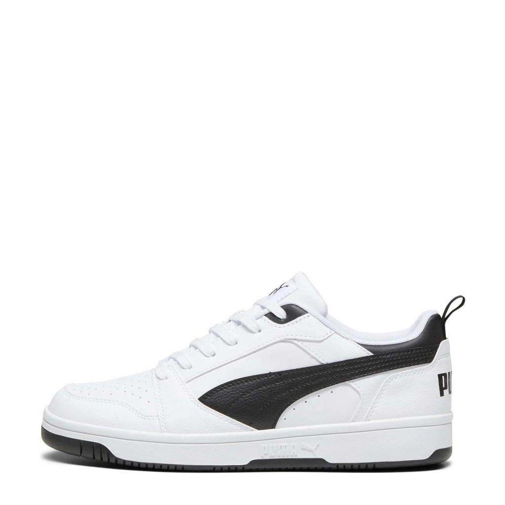 Wit en zwarte unisex Puma Rebound V6 Low sneakers van imitatieleer/voering: textiel/voetbed: eva met veters