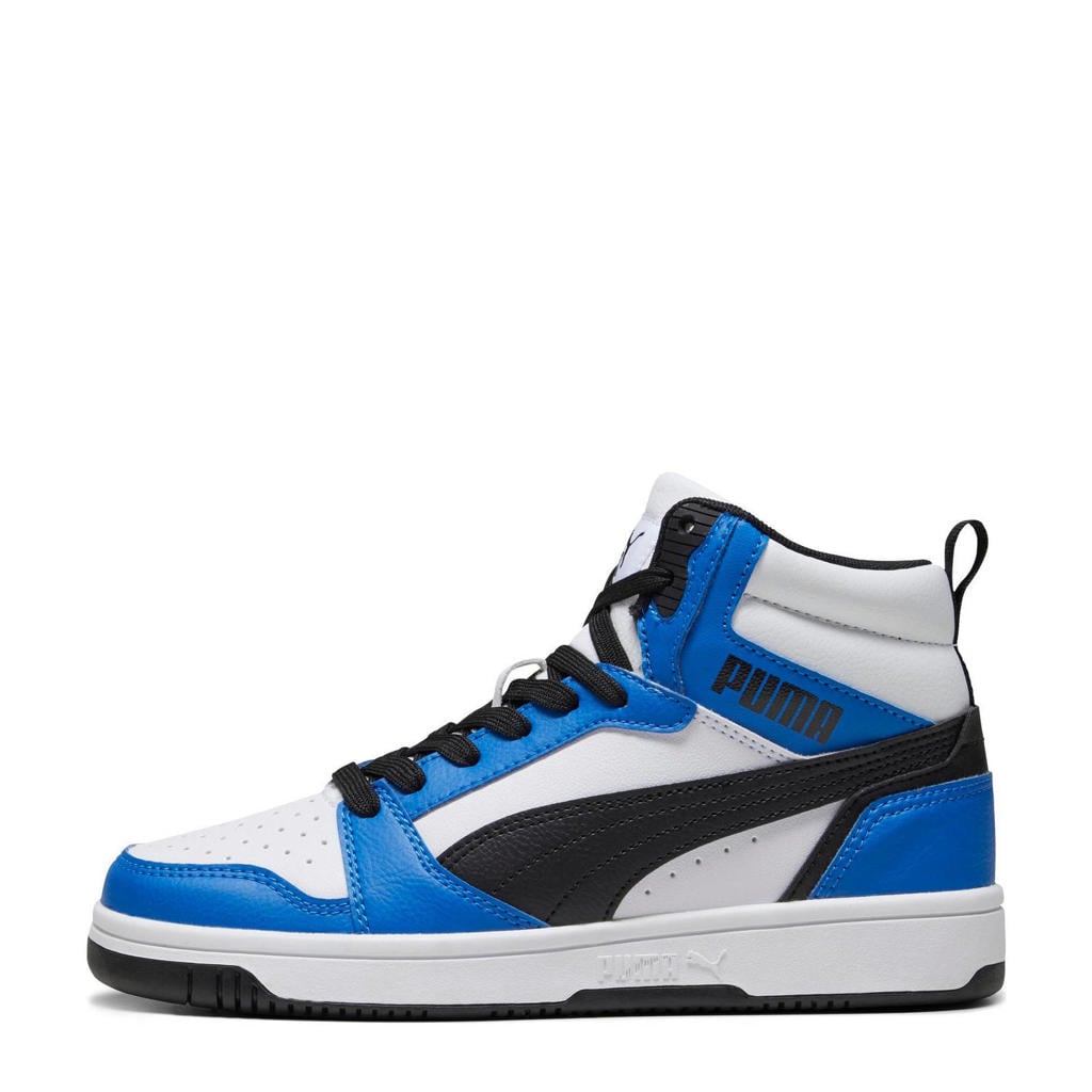 Wit, zwart en kobaltblauwe jongens en meisjes Puma Rebound V6 Mid sneakers van imitatieleer met veters