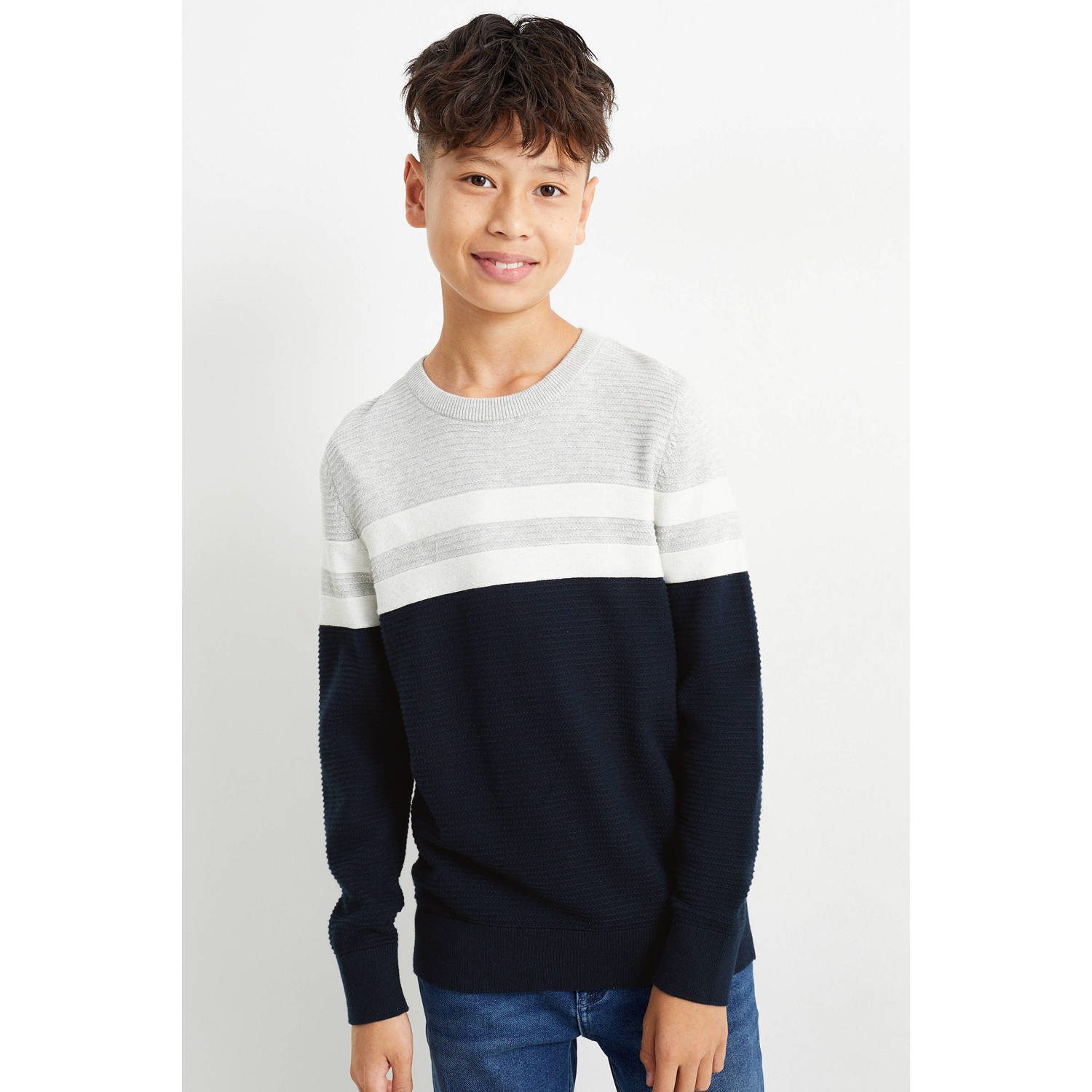 C&A sweater donkerblauw grijs wit