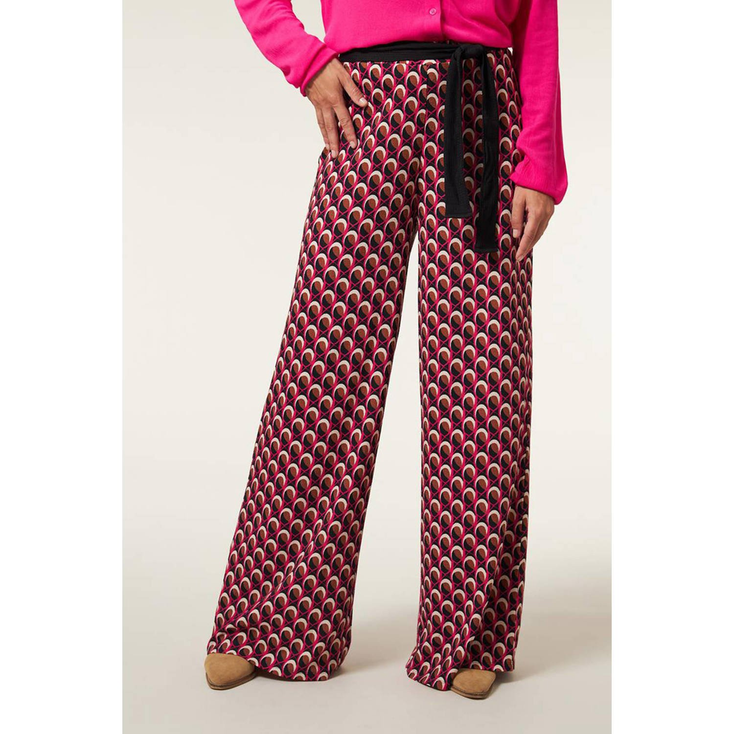 Miss Etam Lang high waist wide leg pantalon Danny met all over print roze zwart bruin 36 inch