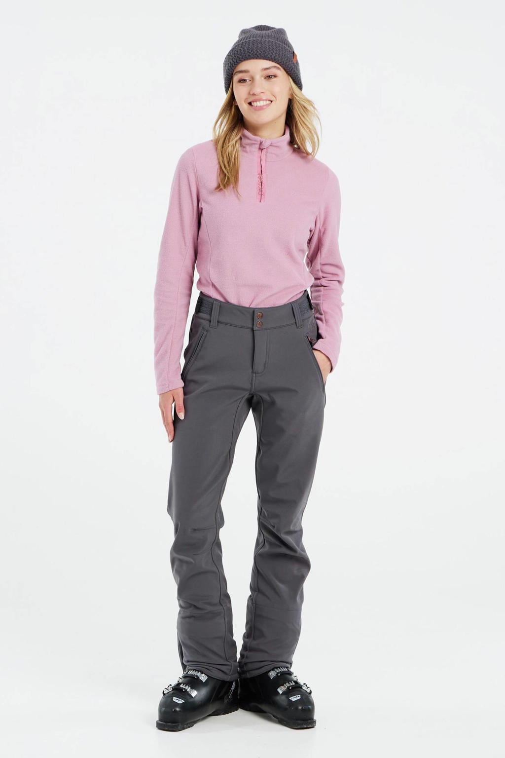Antraciete dames Protest softshell skibroek Lole met rits- en drukknoopsluiting en effen