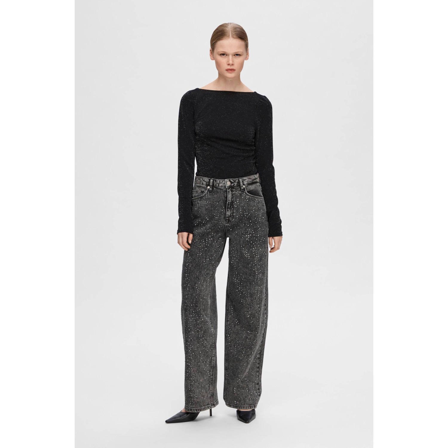 SELECTED FEMME high waist straight jeans SLFMARLEY met studs black denim