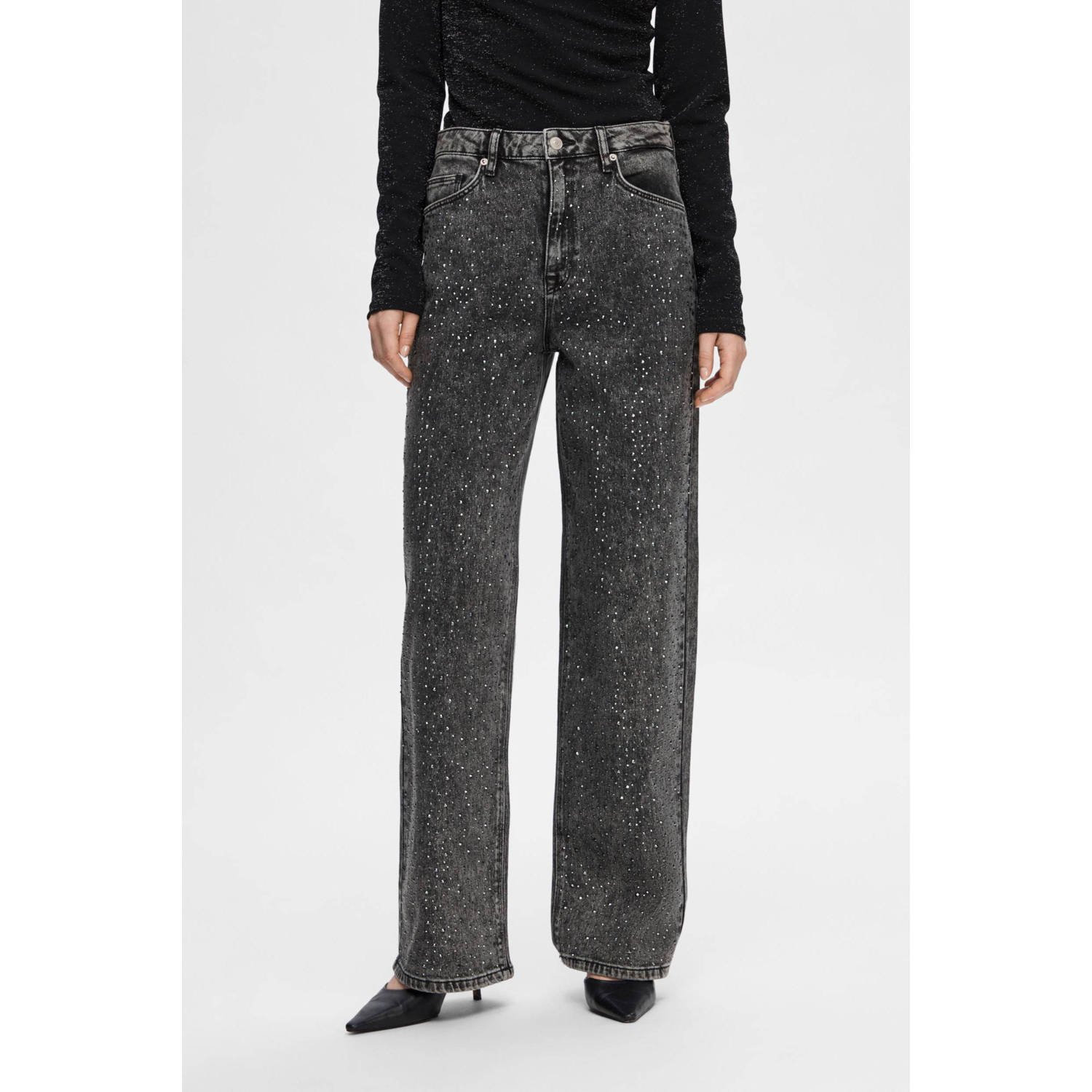 SELECTED FEMME high waist straight jeans SLFMARLEY met studs black denim