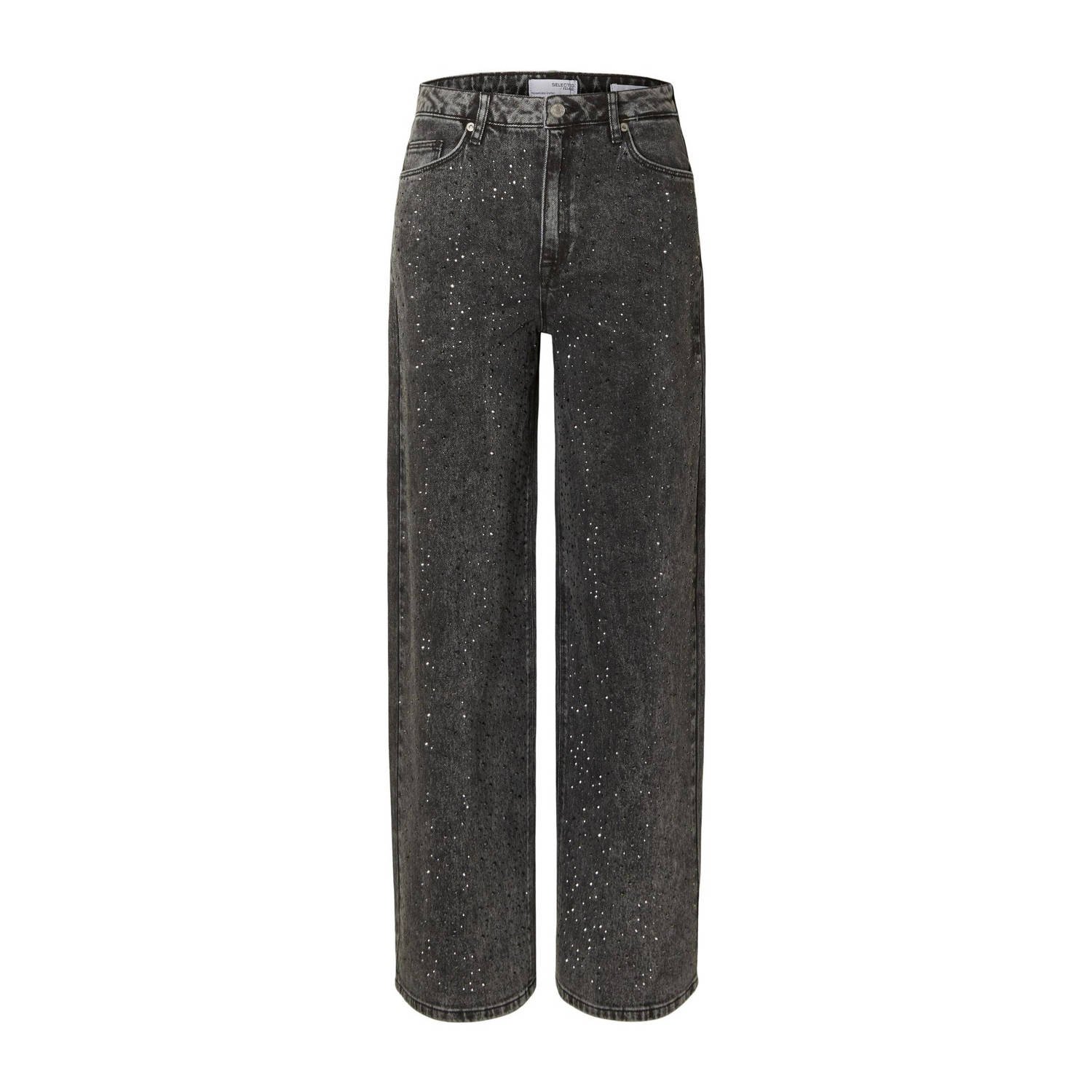 SELECTED FEMME high waist straight jeans SLFMARLEY met studs black denim
