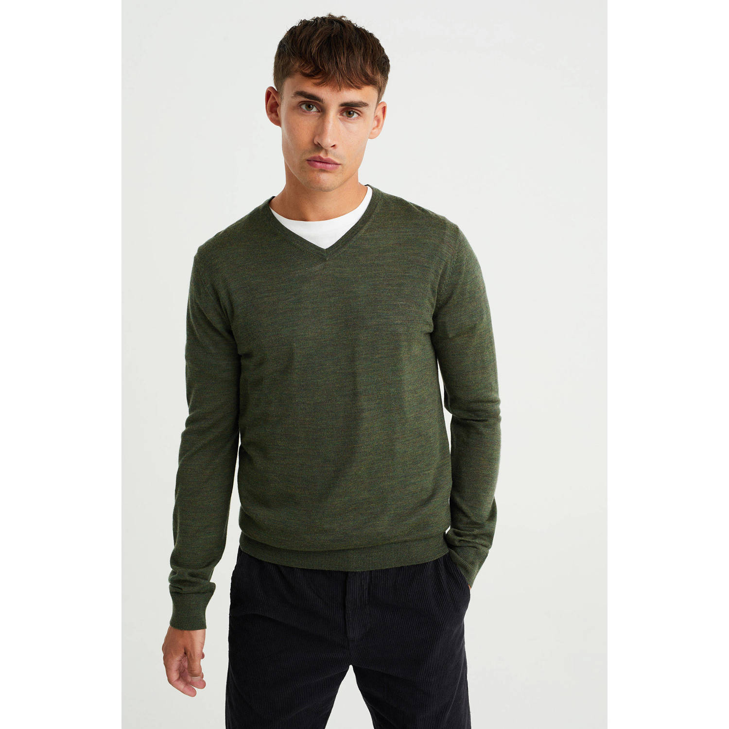 WE Fashion gemêleerde fijngebreide pullover van merinowol green black