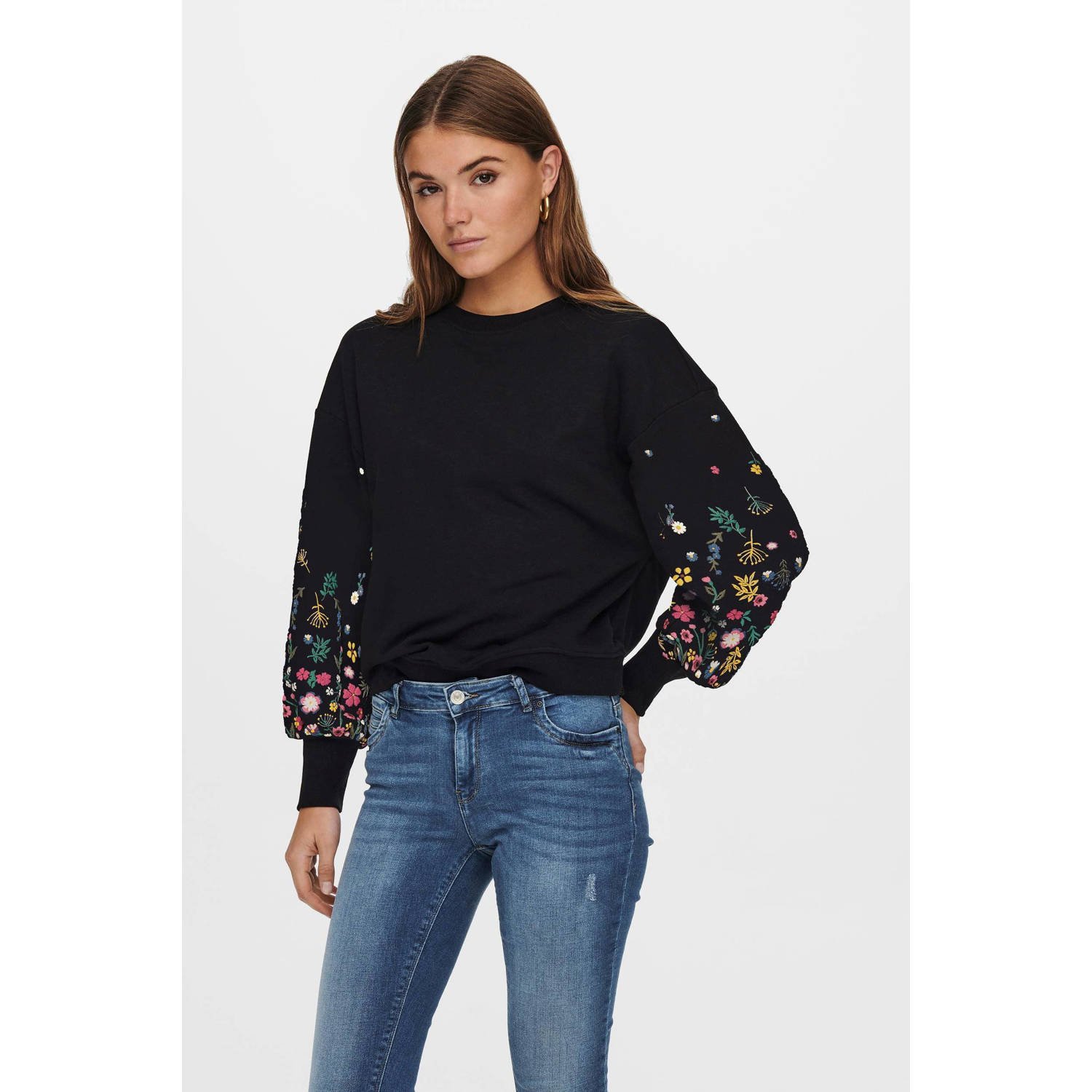 ONLY gebloemde sweater ONLBROOKE zwart
