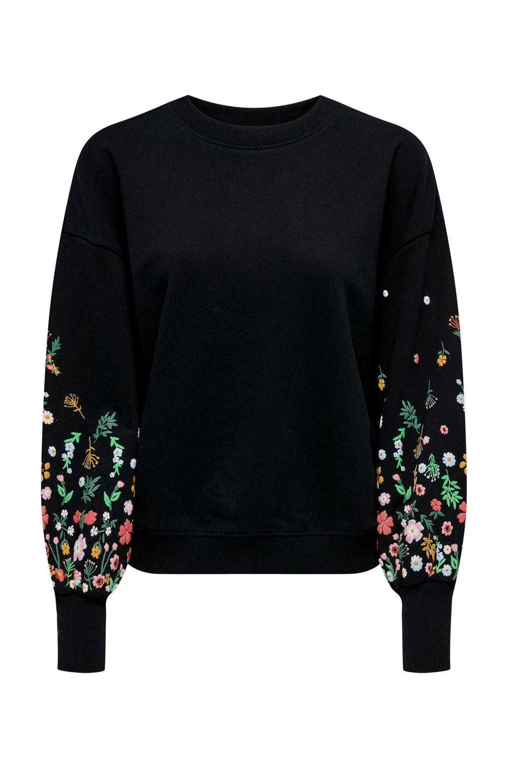 Zwarte dames ONLY gebloemde sweater van katoen met lange mouwen, ronde hals en borduursels