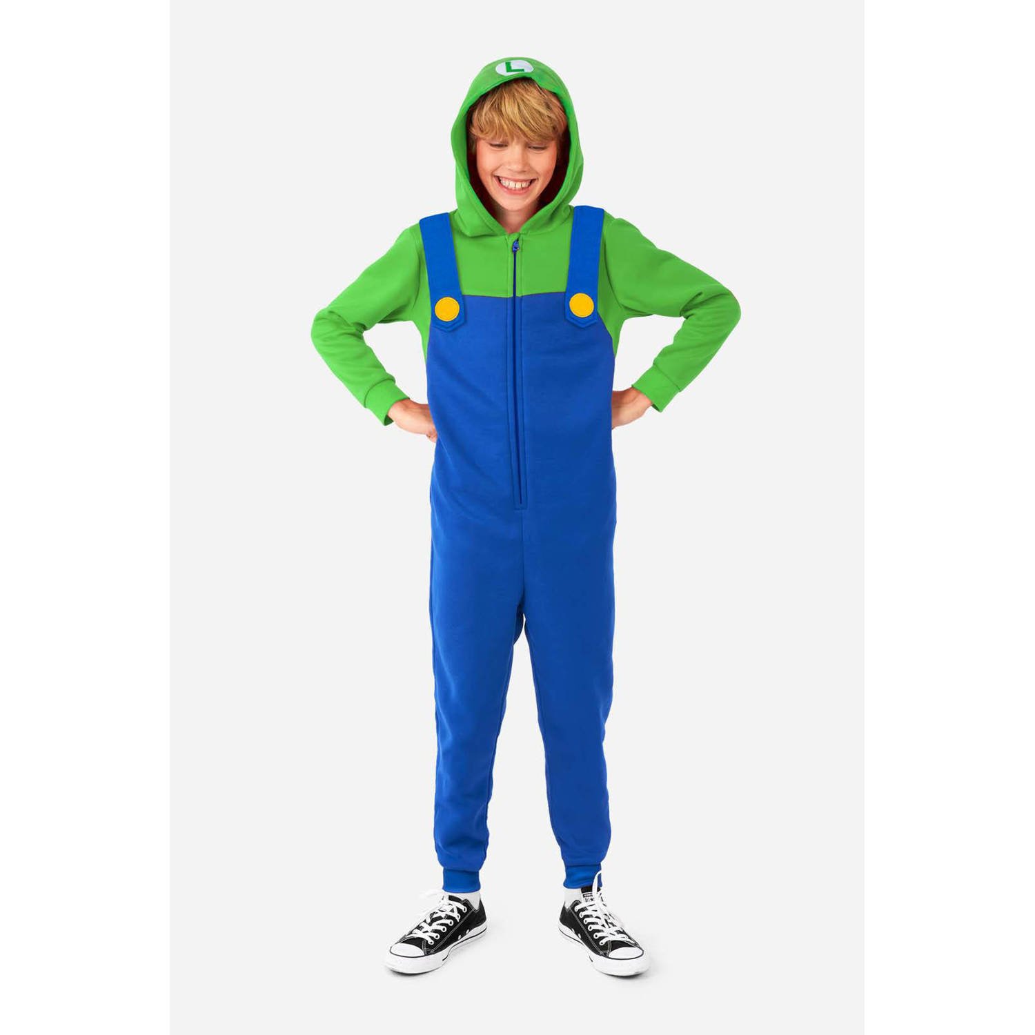 OppoSuits onesie Luigi blauw groen Jongens Polyester Capuchon All over print 146 152