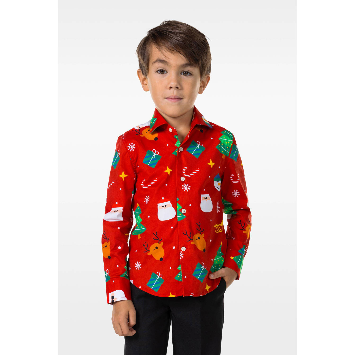 OppoSuits overhemd Festivity met all over print rood multicolor Jongens Stretchkatoen Klassieke kraag 110 116