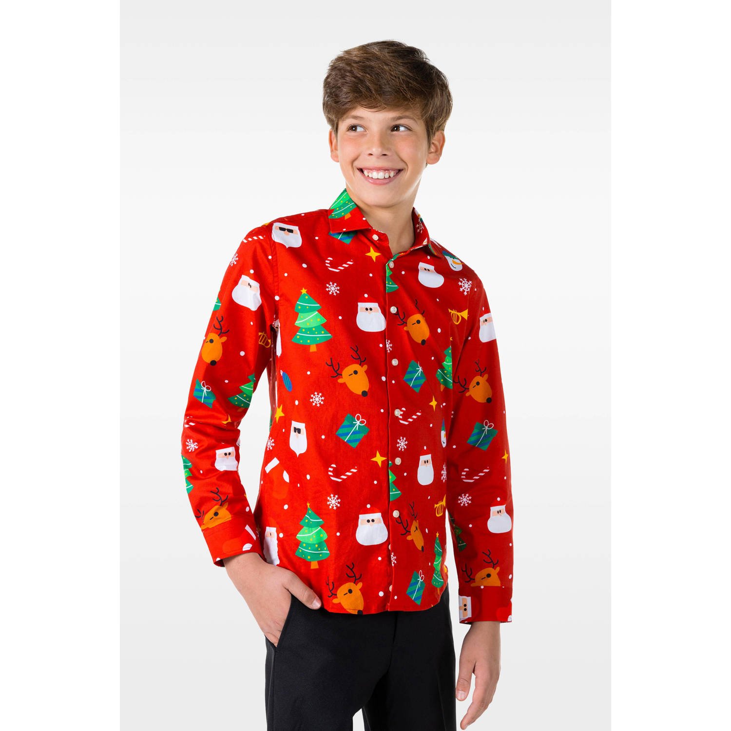 OppoSuits overhemd Festivity met all over print rood multicolor Jongens Stretchkatoen Klassieke kraag 110 116