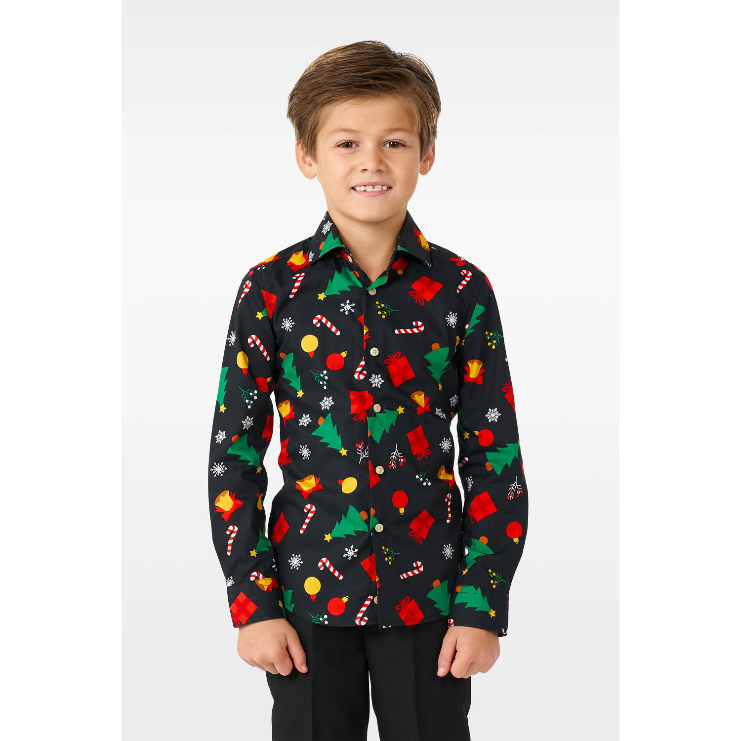 OppoSuits overhemd Christmas Icons met all over print zwart multicolor Jongens Stretchkatoen Klassieke kraag 134 140