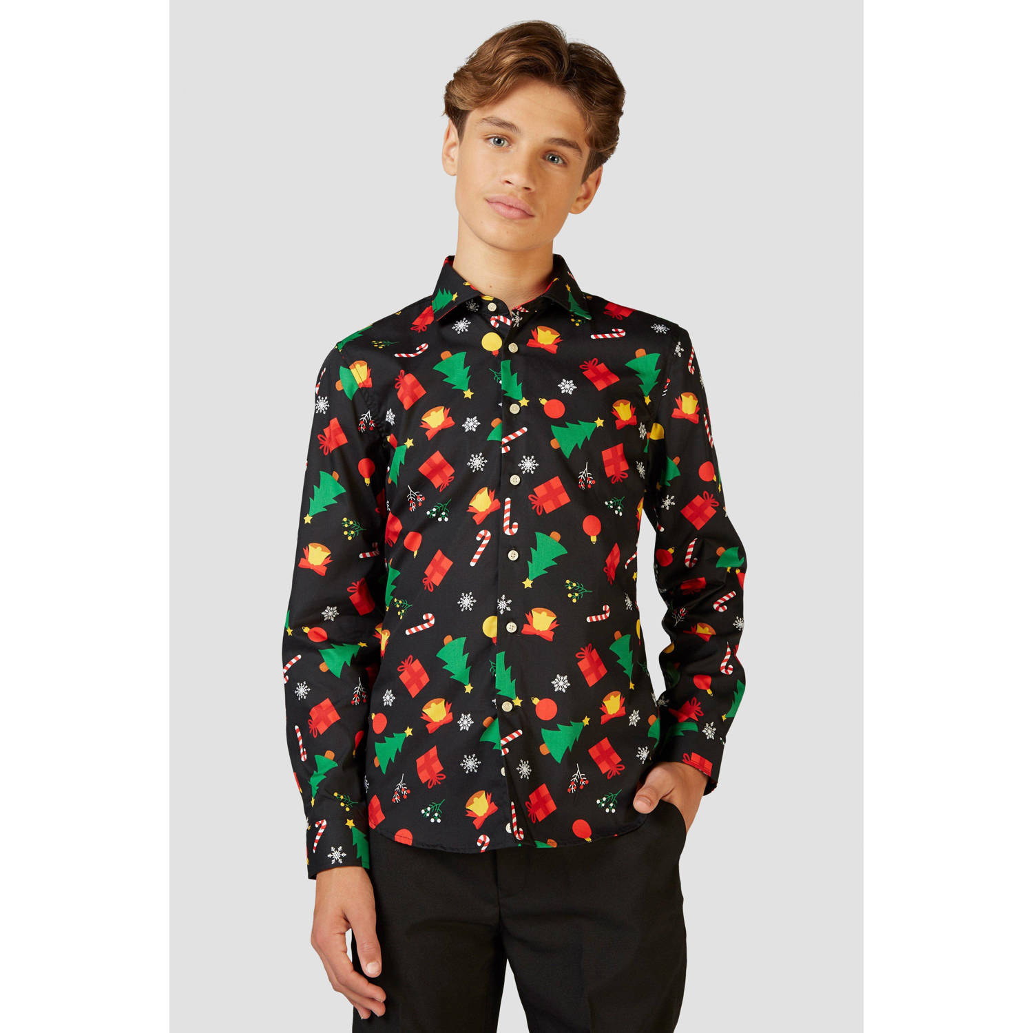 OppoSuits overhemd Christmas Icons met all over print zwart multicolor Jongens Stretchkatoen Klassieke kraag 122 128