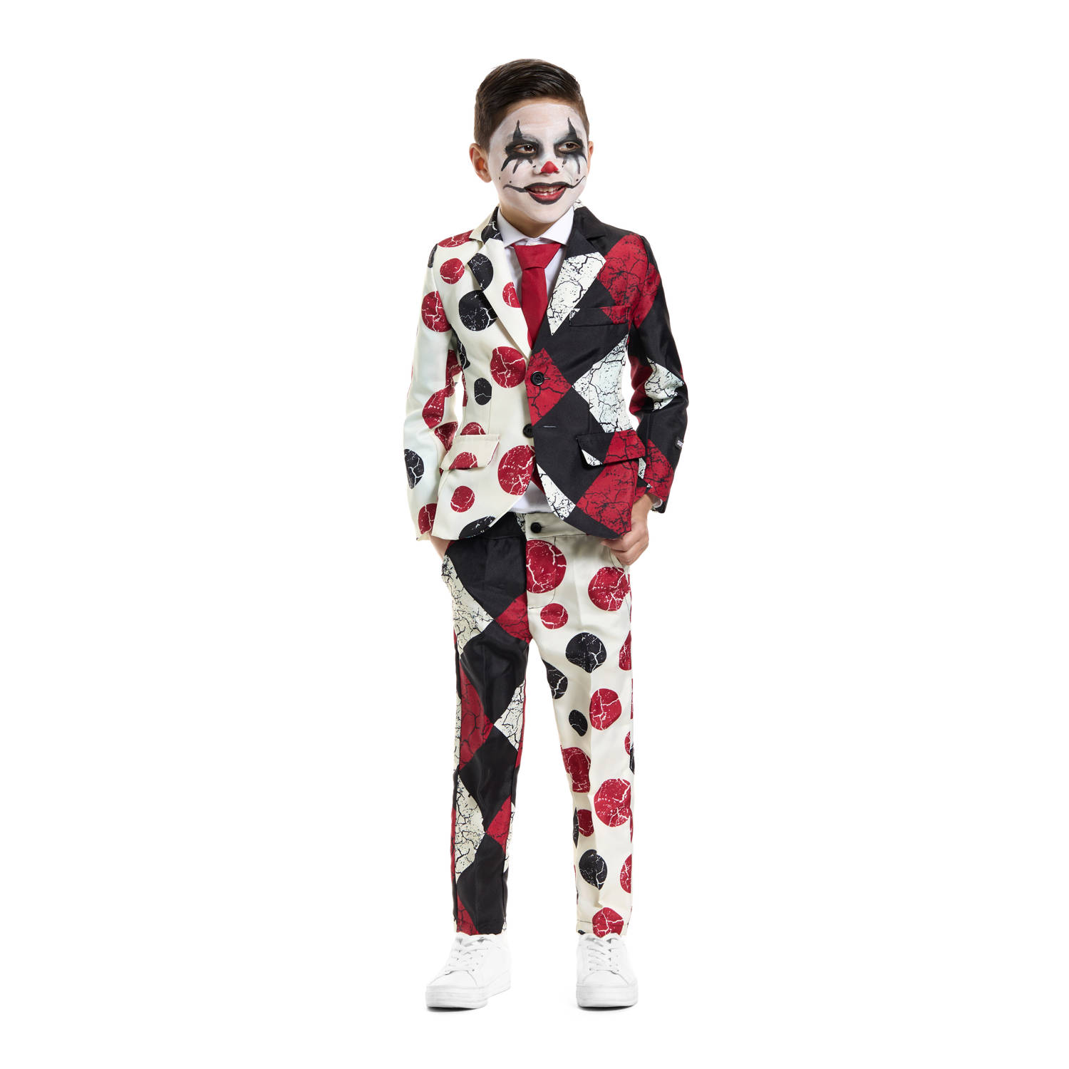 Suitmeister kostuum Halloween Clown Vintage wit zwart rood