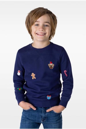 kerstsweater X-Mas Icons met all over print donkerblauw
