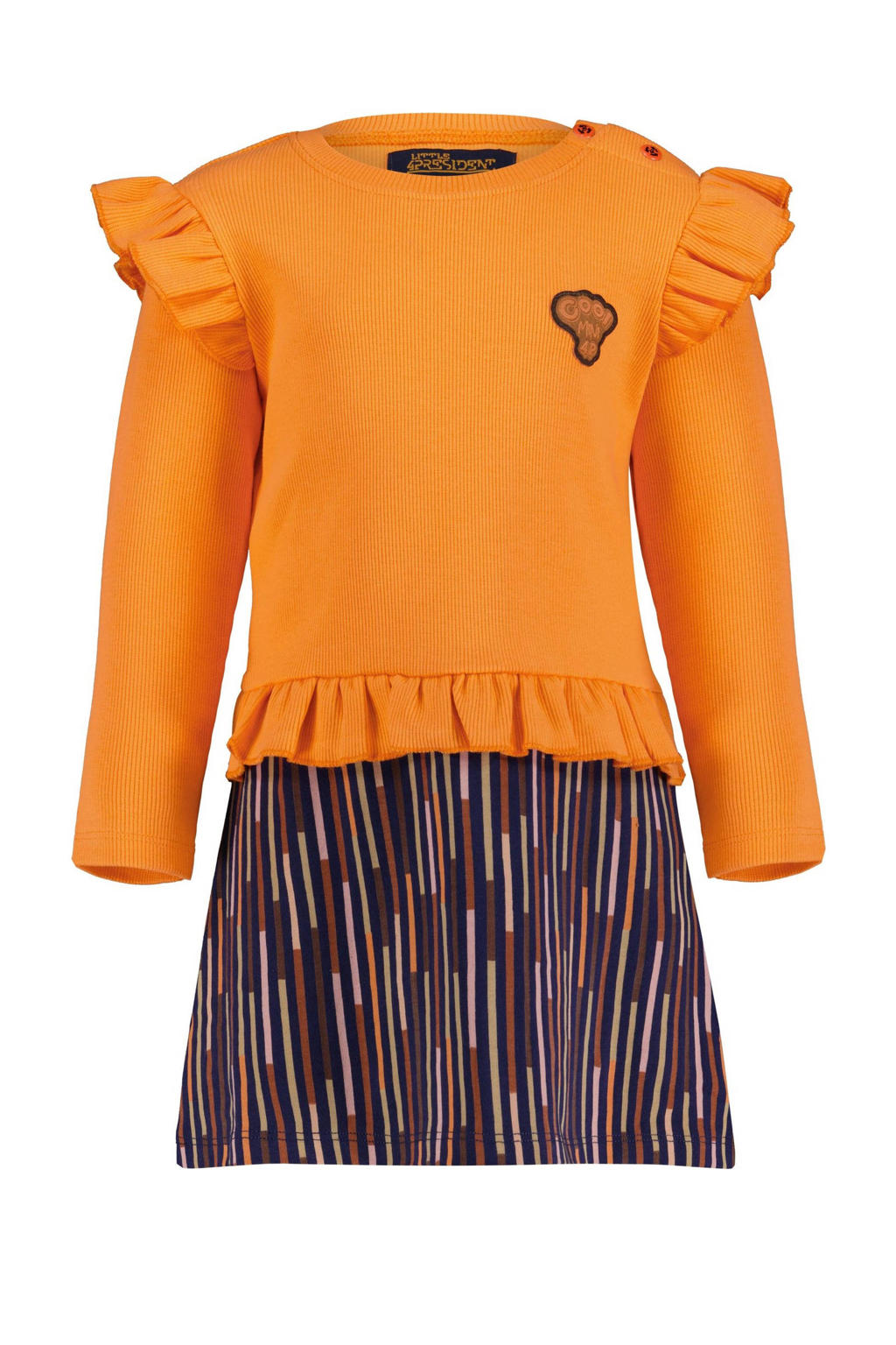 Oranje en multikleurige meisjes 4PRESIDENT gestreepte jurk Heewon multicolor van polyester met lange mouwen en ronde hals