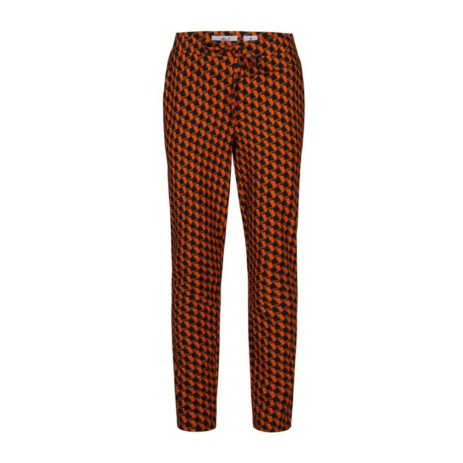 Miss Etam slim fit broek Juul van travelstof met all over print bruin oranje