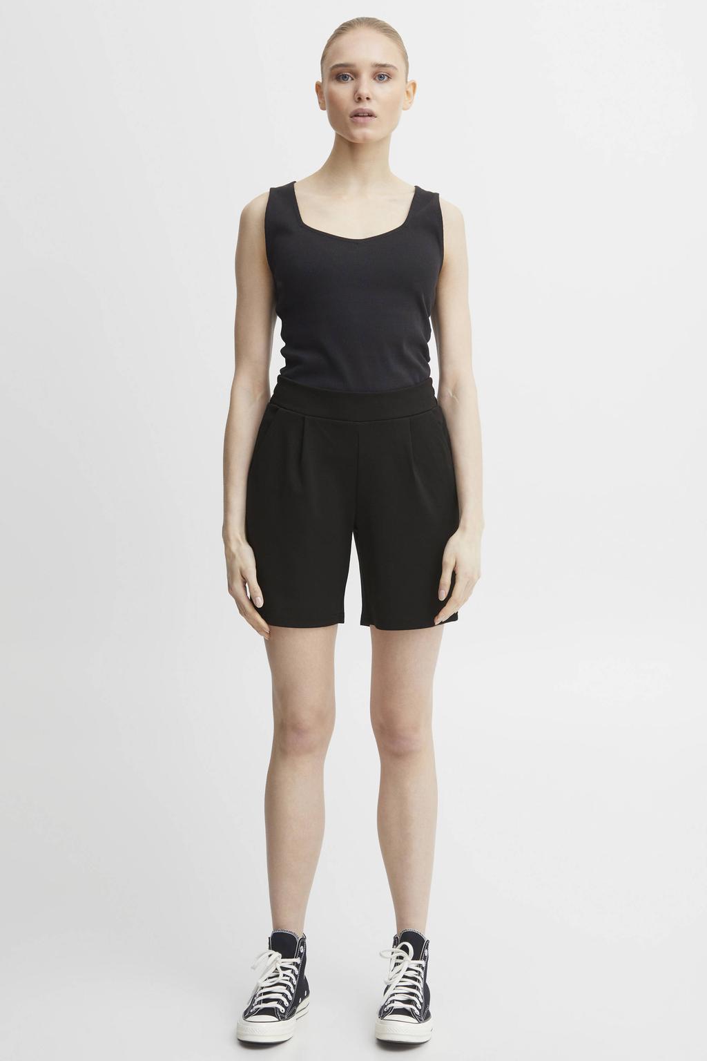 Zwarte dames ICHI regular waist casual short van polyester met elastische tailleband en effen