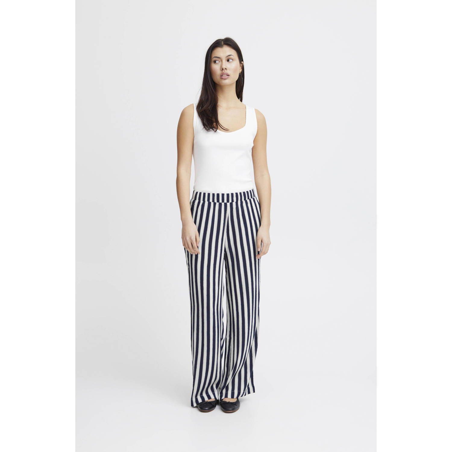 ICHI gestreepte wide leg broek IHMARRAKECH donkerblauw wit