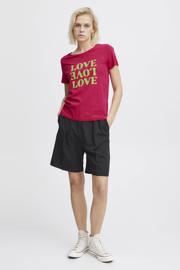 thumbnail: Roze en groene dames ICHI T-shirt van katoen met printopdruk, korte mouwen en ronde hals