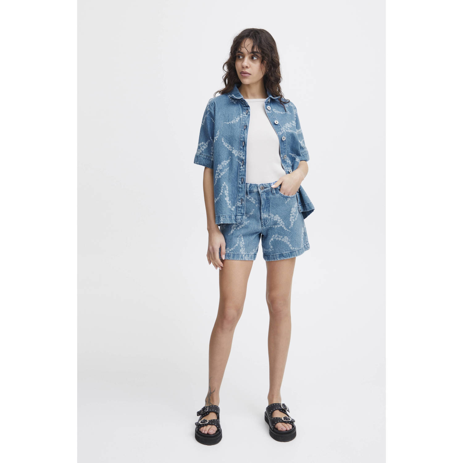 ICHI blouse IHBIANA met all over print light blue denim