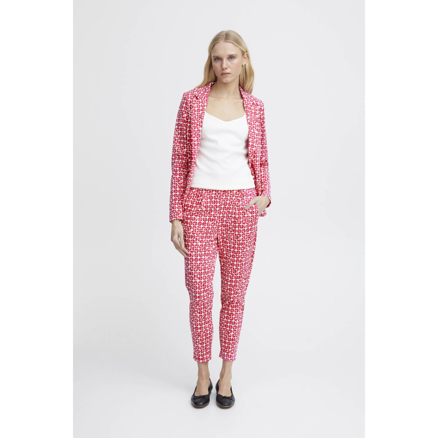 ICHI cropped regular fit broek IHKATE met stippen roze wit