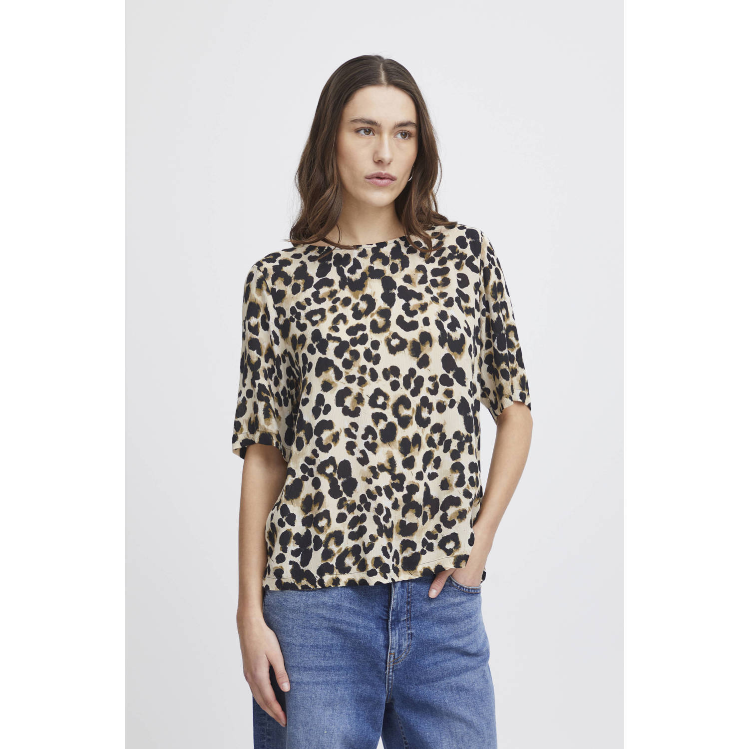 ICHI top IHMARRAKECH met panterprint zwart bruin beige