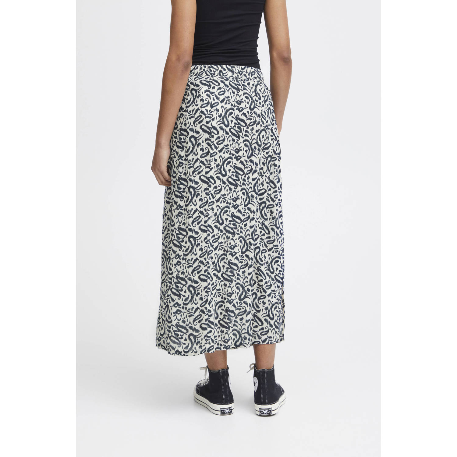 ICHI midi rok IHMARRAKECH met all over print beige zwart