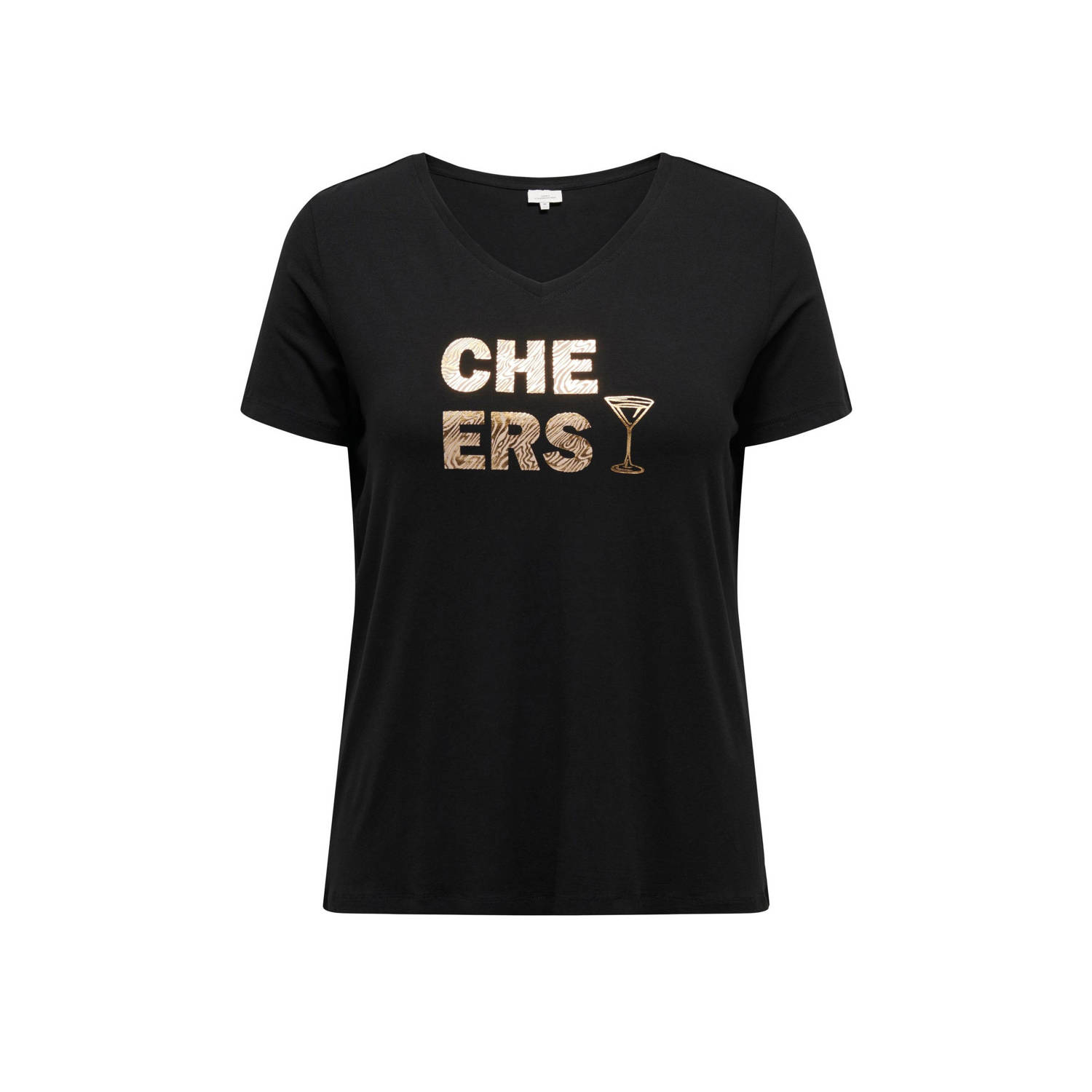 Only Carmakoma Zwarte V-Hals T-shirt met Cheers Print Black Dames