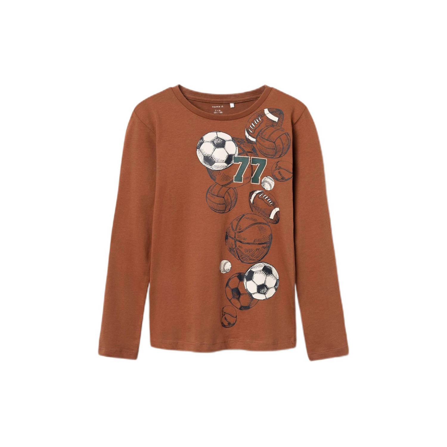 Name it KIDS longsleeve NKMRICKO met printopdruk warmbruin Jongens Katoen Ronde hals 122 128