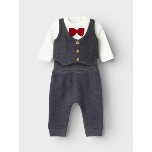 NAME IT BABY longsleeve + gilet + strikje + broek wit/grijs
