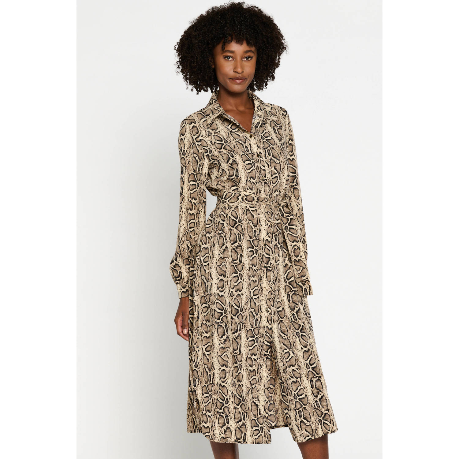 LOLALIZA blousejurk met slangenprint en ceintuur beige taupe zwart