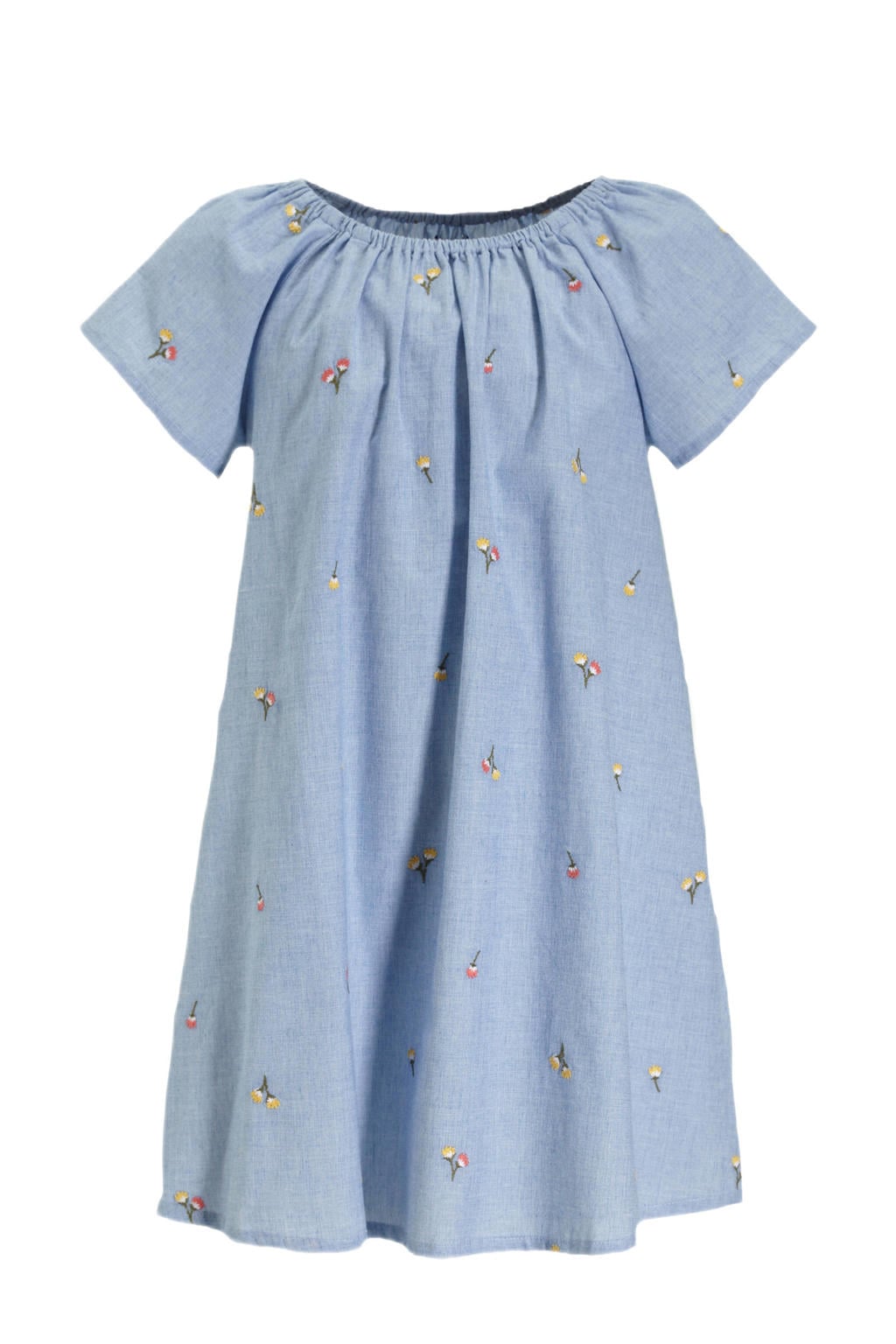 Lichtblauwe meisjes Me & My Monkey chambray jurk Paike van katoen met korte mouwen, ronde hals en elastische inzet