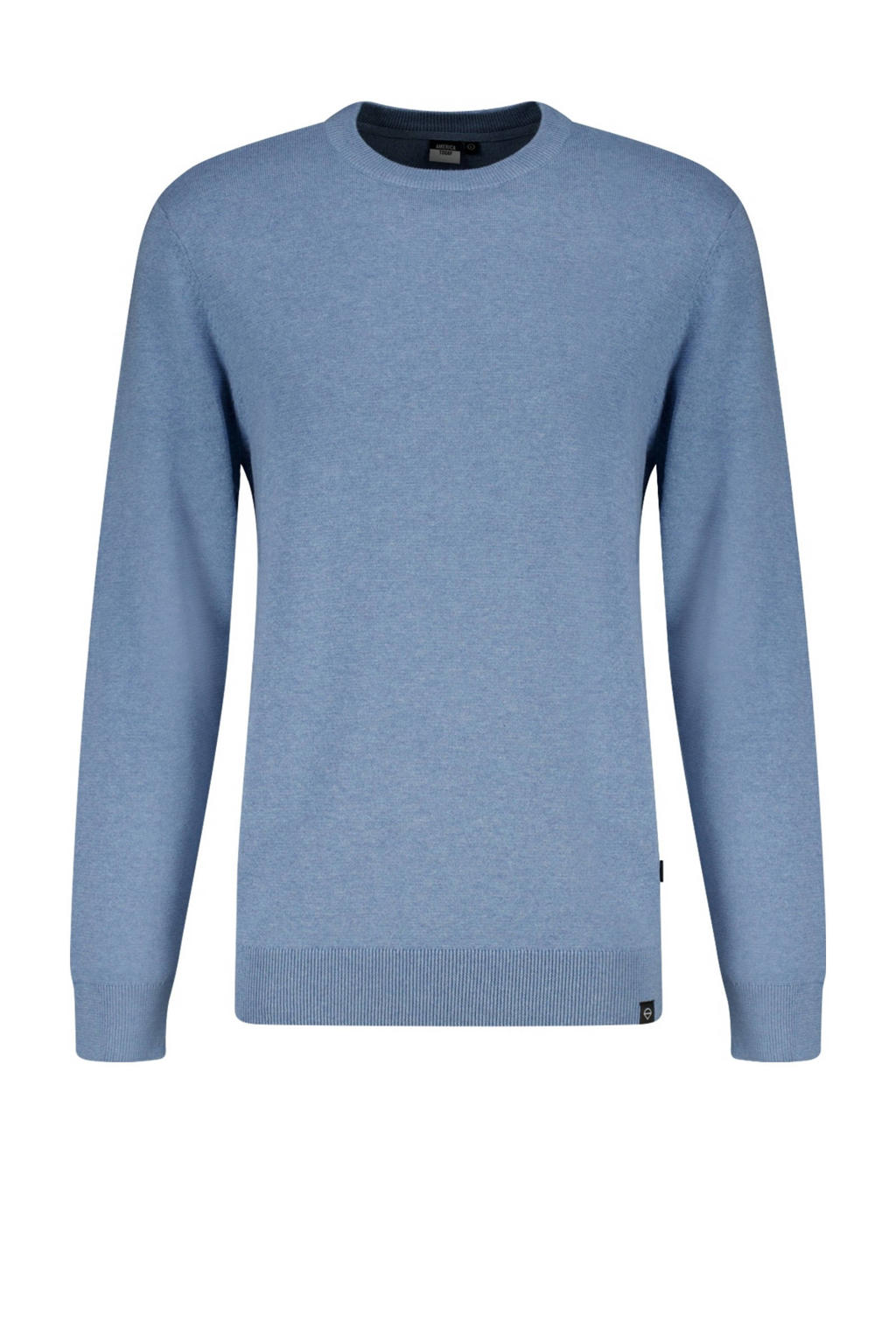 Blauwe heren America Today gemêleerde fijngebreide trui Keith blue van katoen met melée print, lange mouwen en ronde hals