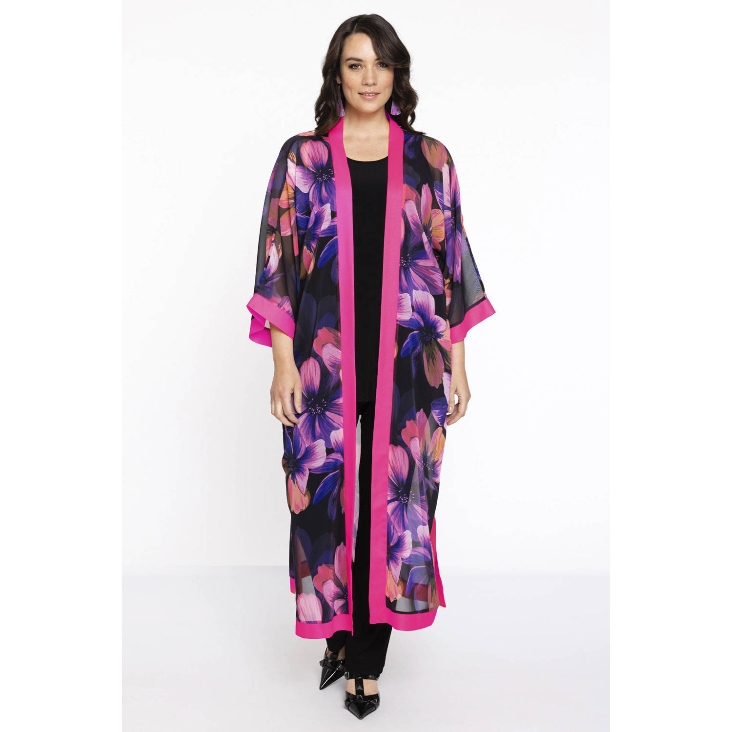 Yoek gebloemd kimono zwart roze