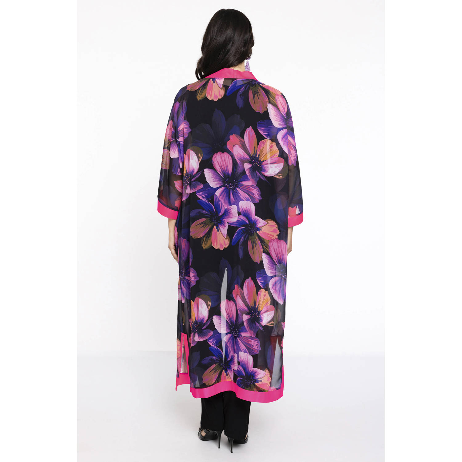 Yoek gebloemd kimono zwart roze