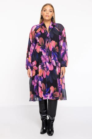 gebloemde A-lijn jurk zwart/roze/paars
