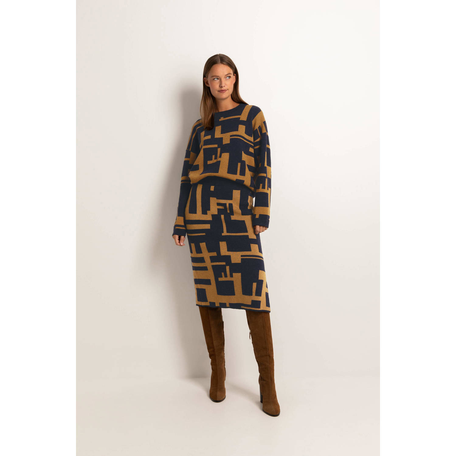 Claudia Sträter gebreide rok met grafische print donkerblauw camel