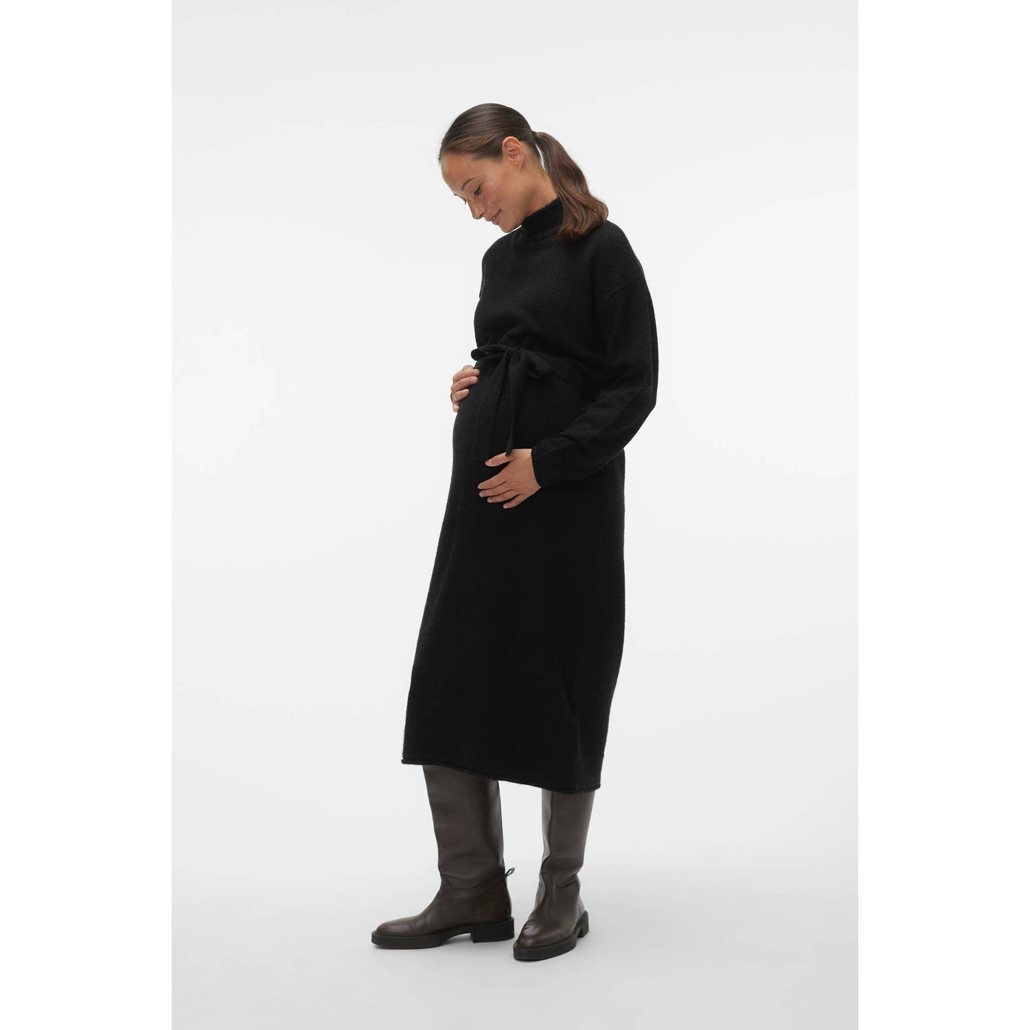 VERO MODA MATERNITY gebreide zwangerschapsjurk VMMKADEN met ceintuur zwart